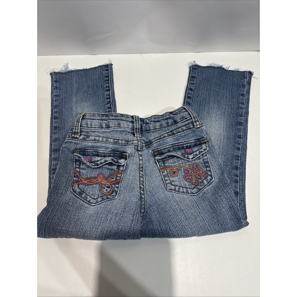 Faded Glory Jeans Girls 6X Embroidered Floral Pocket Butterfly‎ Distressed Hem